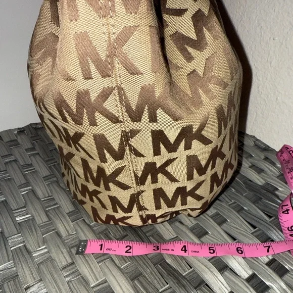 Michael Kors MK Logo Canvas Tote Bag Brown Red Leather Handles Tassel Purse - Picture 8 of 17